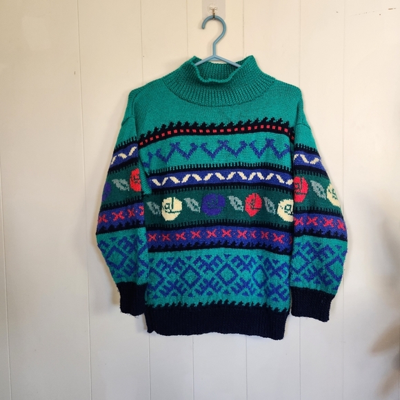 Vintage 90s Handmade Knit Slouchy Green Sweater Mock Neck Winter Cabin 1990s - Picture 10 of 10